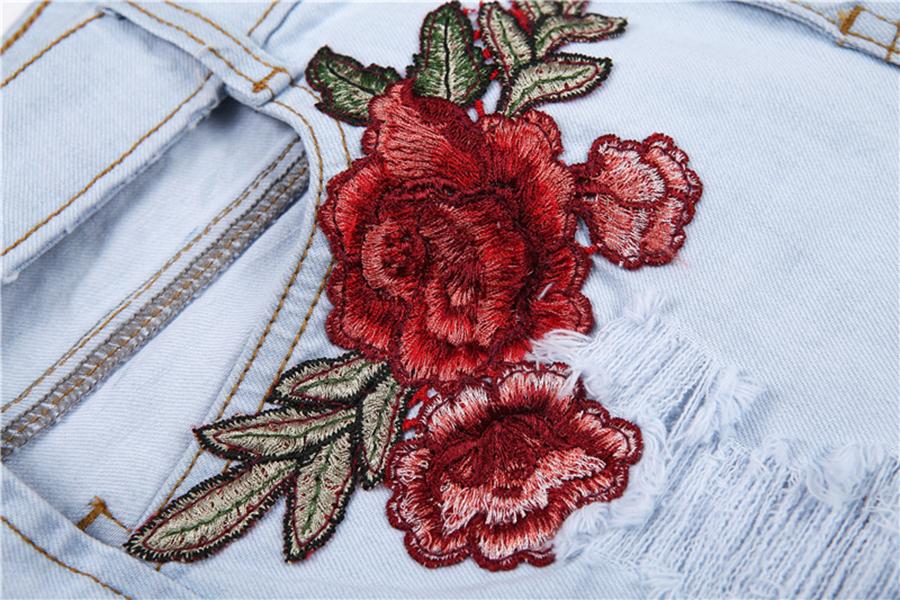 Floral Embroidery Ripped Denim Jeans Cut shorts
