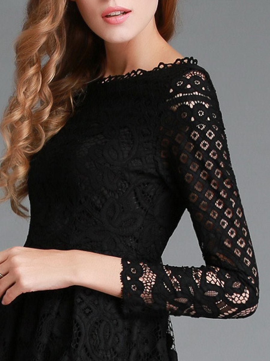 Lace Long Sleeve Hollow Pockets Dress