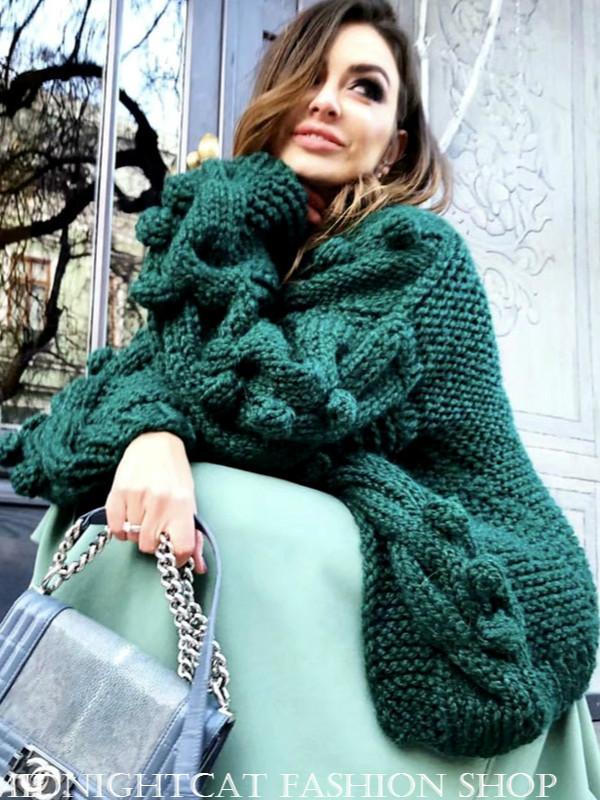 Autumn Winter New European American Style Pure Hand-woven Ball Big Hemp Sweater Fashion Sweater Women Cardigans V-Neck
