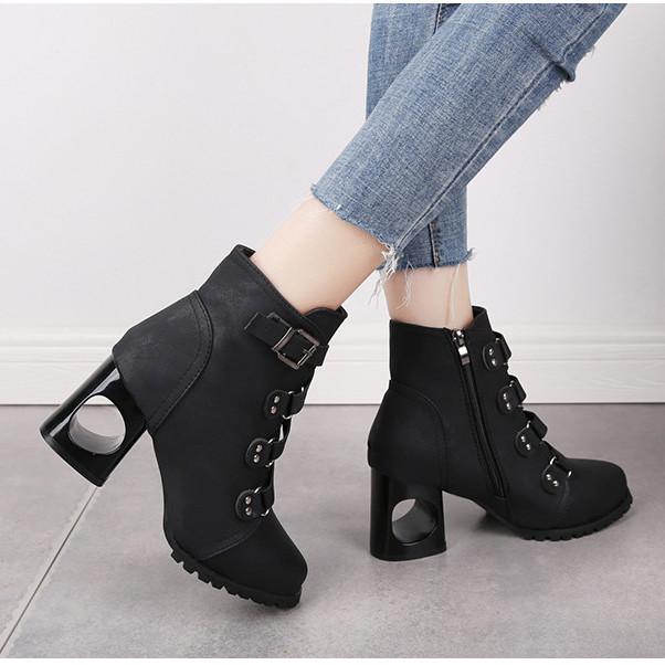 Women Ankle Pumps PU Leather Toe Boots Solid Autumn Winter High-heeled Shoes