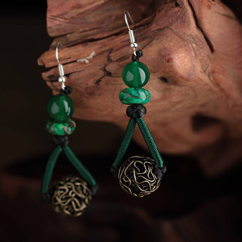 Ethnic style earrings green earrings women's vintage style sterling silver premium sense earrings
