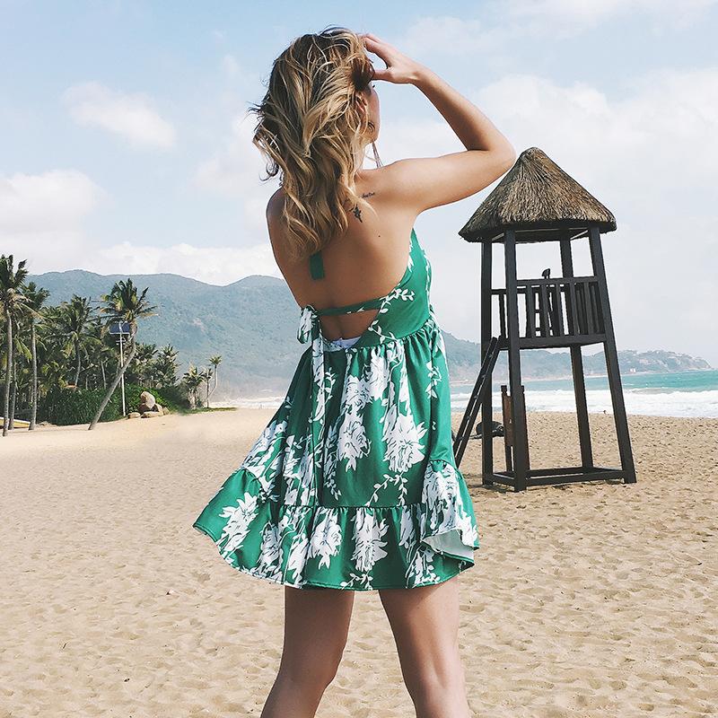 Sweet Bohemian Lace-up Backless Floral Green Mini Dress
