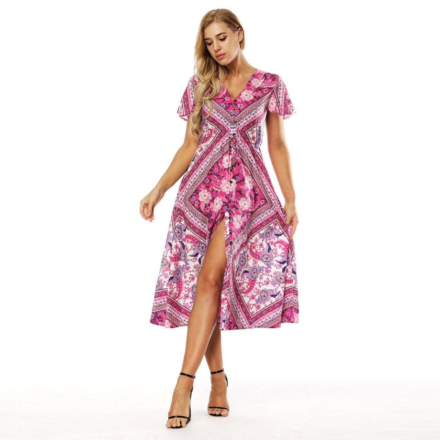 Casual V-neck Short Sleeve Loose Light Split Beach Long Dress