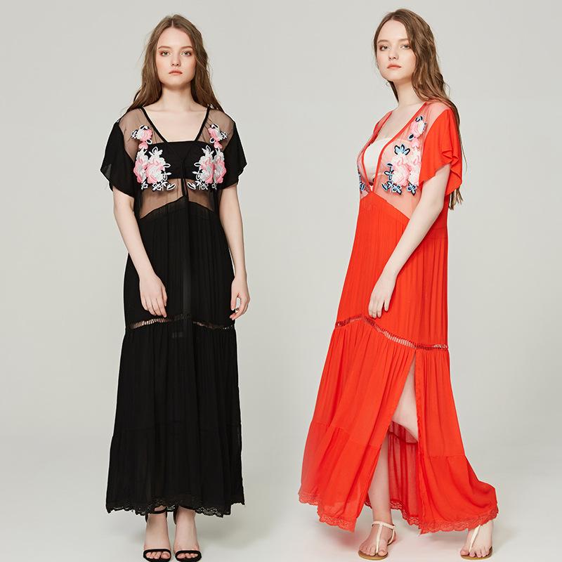 Bohemian High Waist Petal Sleeve Deep V Neck Maxi Dress