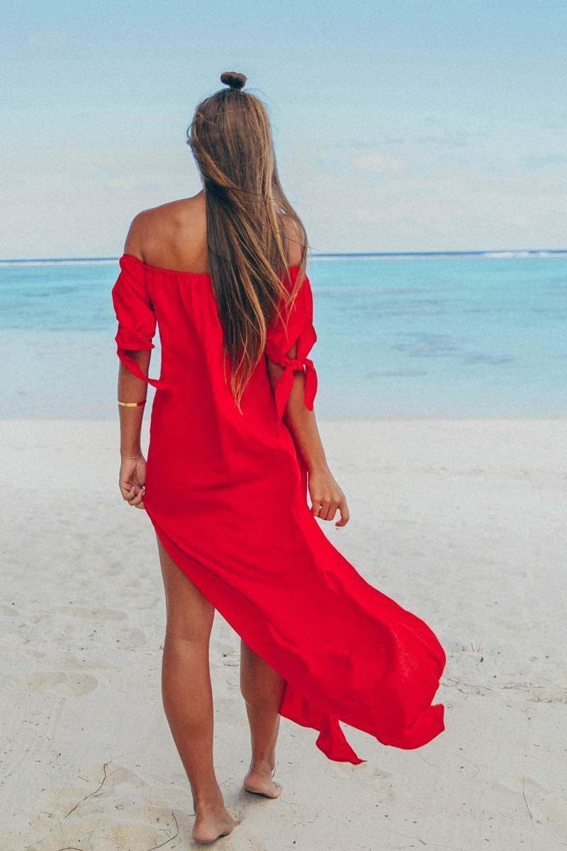 Sexy Off-The-Shoulder Solid Color Irregular Split Beach Dress