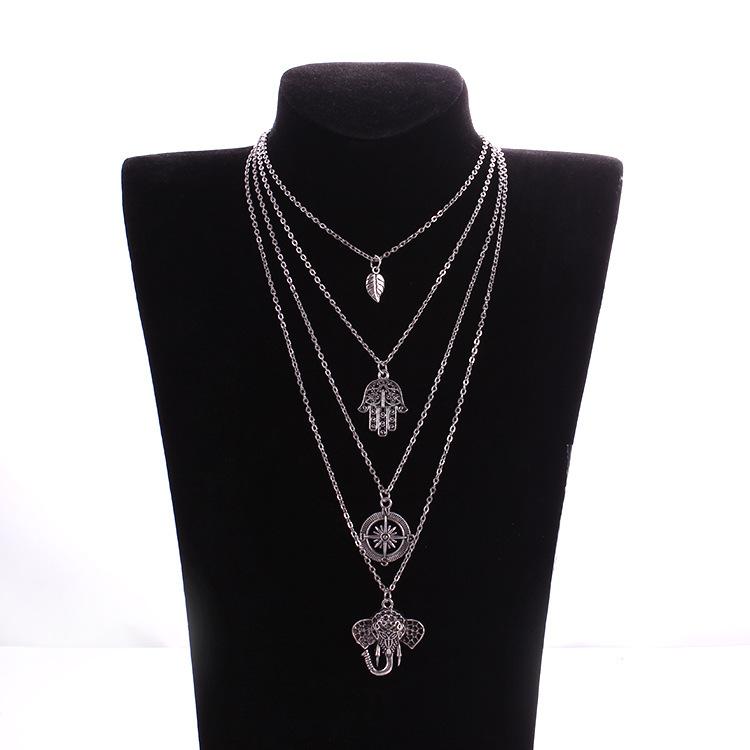 Boho Multi-layer Leaf Elephant Pendant Necklace