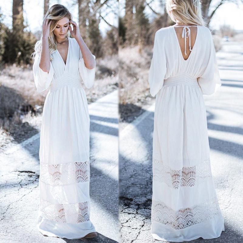 Bohemia V-Neck Stitching Lace Cover-Up Beach Dress