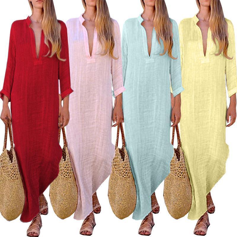 Solid Color V Neck Long Sleeve Casual Maxi Dress