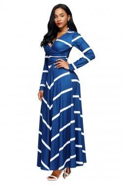 Stripe V Neck Long Sleeve High Waist Maxi Long Dress