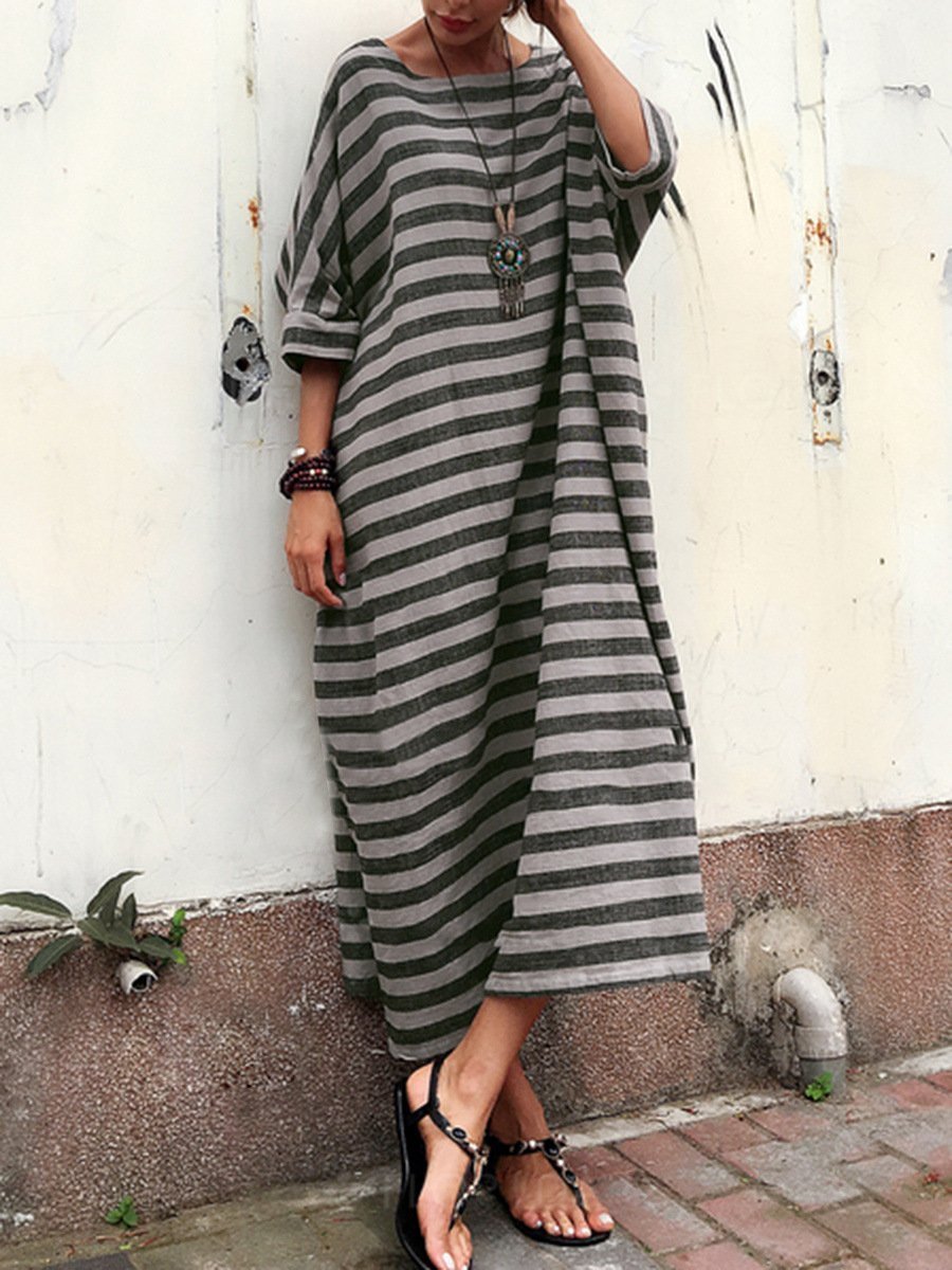 Casual Oversized Striped Round Neck Pocket Long Dress
