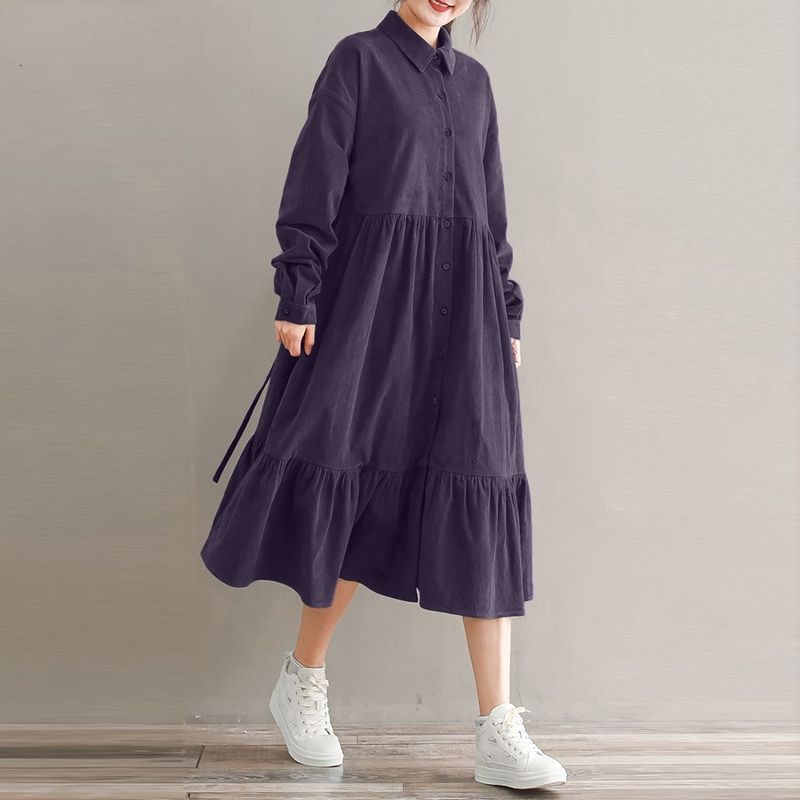 Vintage Corduroy Shirt Dress Women Sundress Spring Casual Long Sleeve Ruffle Vestidos Female Button Midi Robe