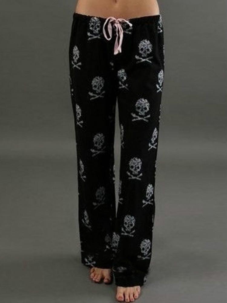 New Pants Women Lady Causal Daily High Waist Skull Print Wide Calf Length Long Leg Pants