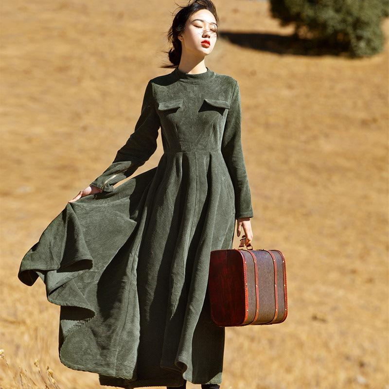 Big Hem High Waist Long Sleeve Corduroy Long Maxi Dress