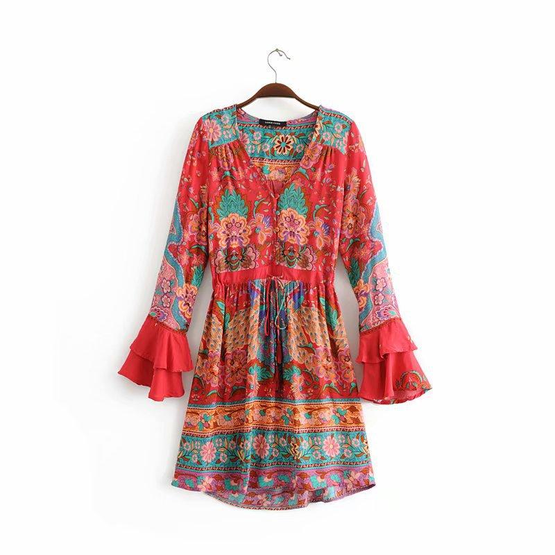 Boho Floral Printed Flare Long Sleeve Drawstring Waist Mini Dress