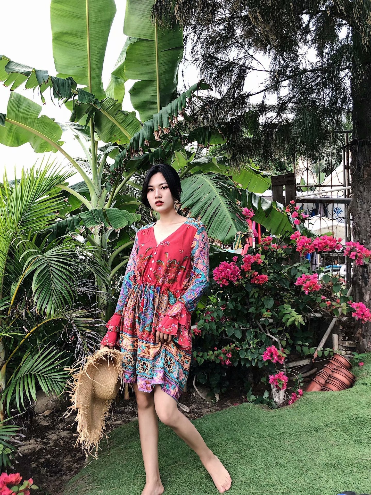 Boho Floral Printed Flare Long Sleeve Drawstring Waist Mini Dress