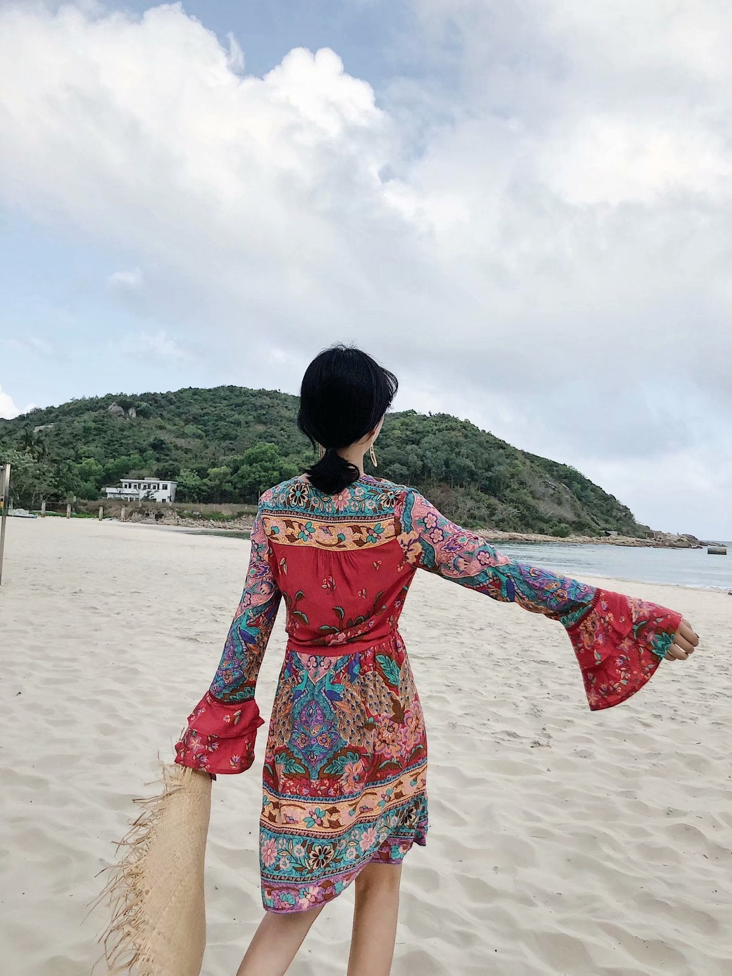 Boho Floral Printed Flare Long Sleeve Drawstring Waist Mini Dress