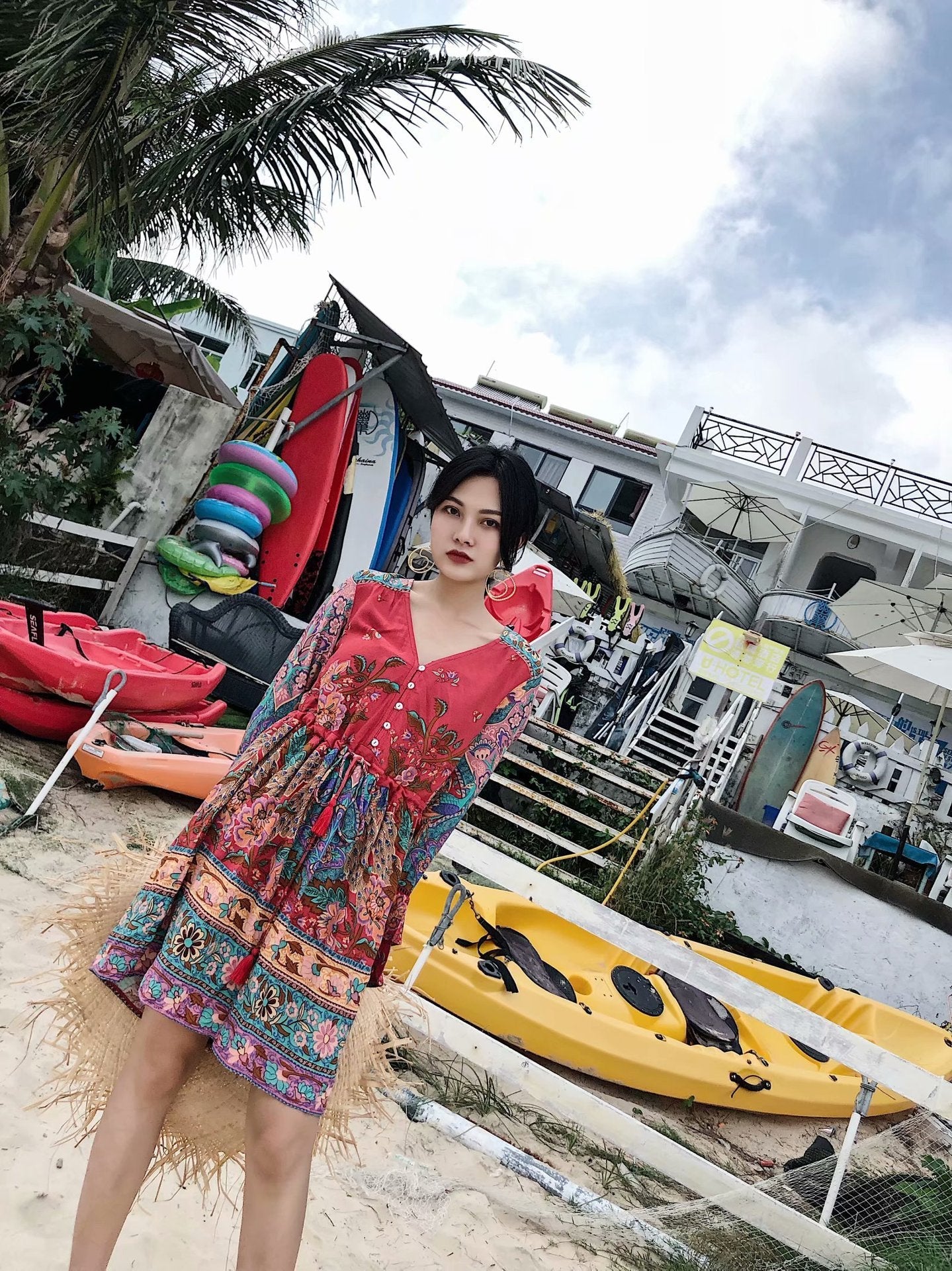 Boho Floral Printed Flare Long Sleeve Drawstring Waist Mini Dress