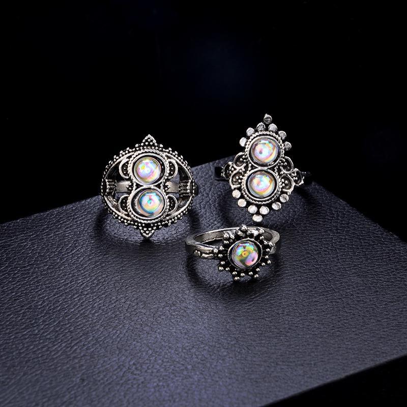 Heart-Shaped Flower Large Gemstone Crown Vintage Carved 16-Piece Set Ring
