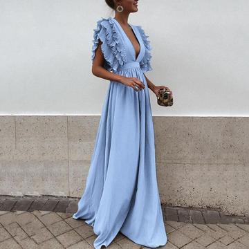 Solid Color Deep V Neck Backless Maxi Dress