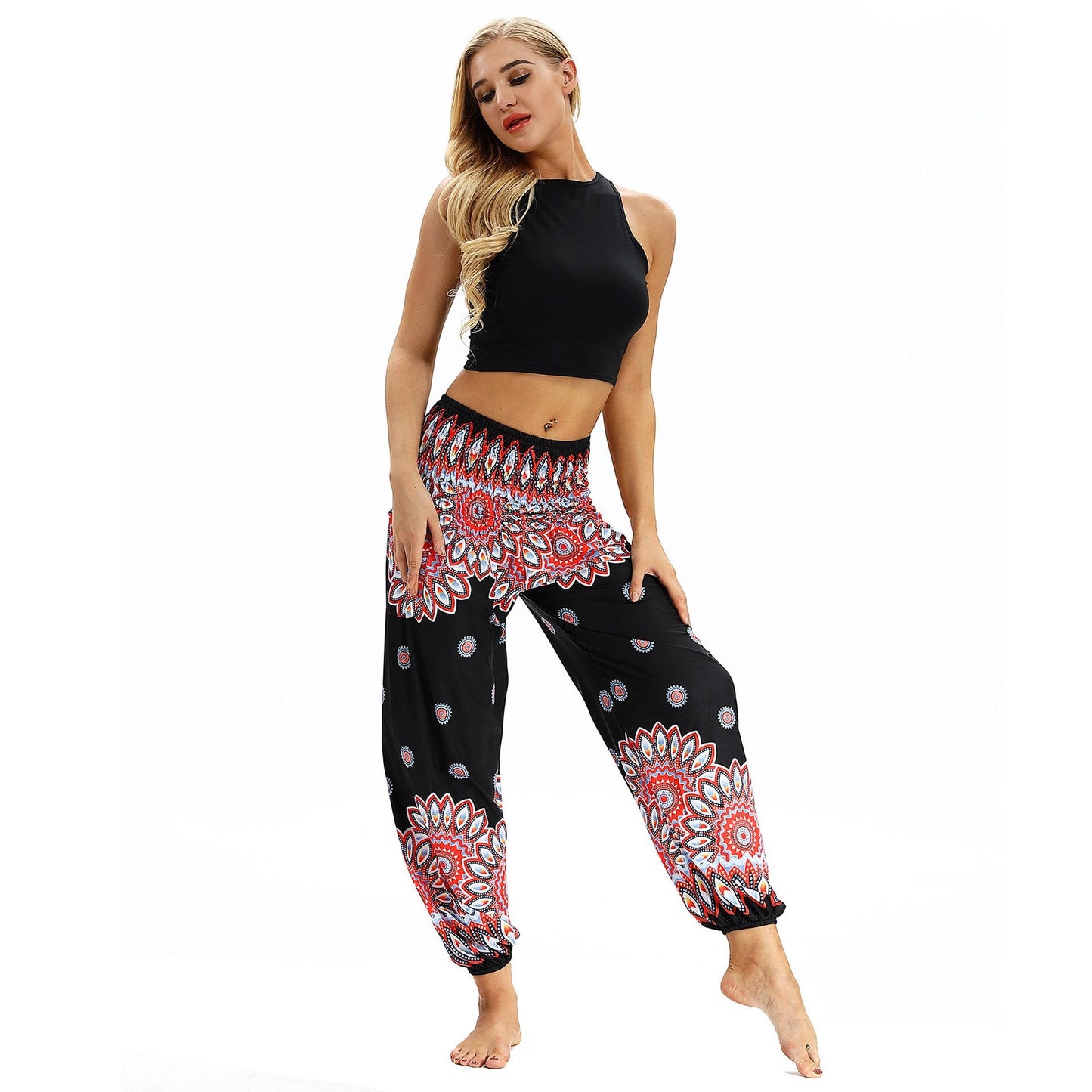 Colorful flower digital printing casual pants loose and thin elastic leg closing Yoga Pants