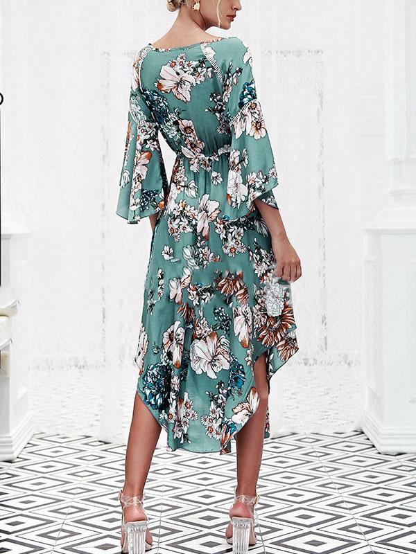 V NECK LONG SLEEVES FLORAL MIDI DRESS