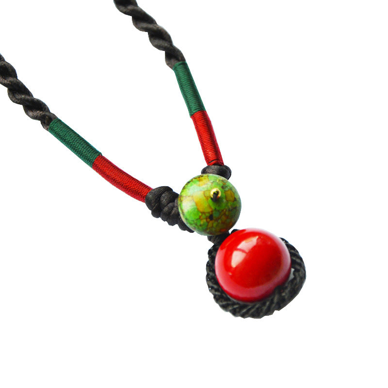 Original National Style Hand-woven Buckle Red Ball Women's Necklace Retro Cotton Hemp Accessory Red Bean Collarbone Chain