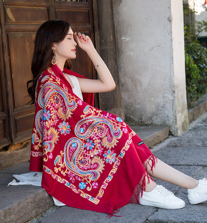 Tibetan and Nepal embroidered flower imitation cashmere scarf for women outside with sunscreen air-conditioning shawl