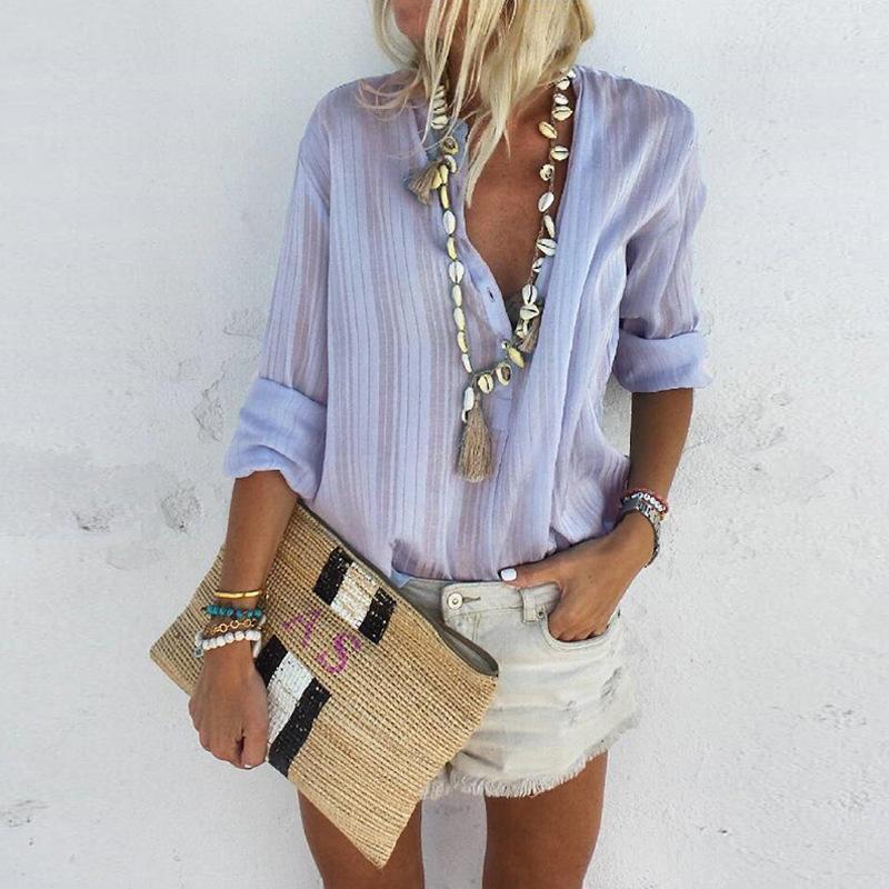 Fashion Button V-Neck Long Sleeve Blouse Shirt