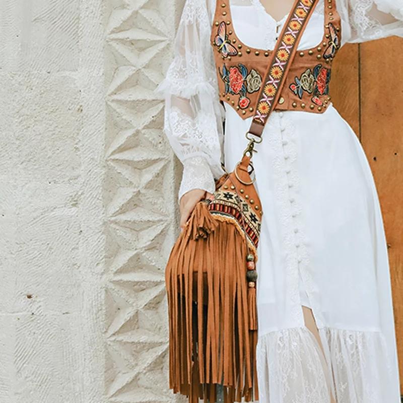 Bohemian Brown Beaded Embroidered Tassel Bucket Bag