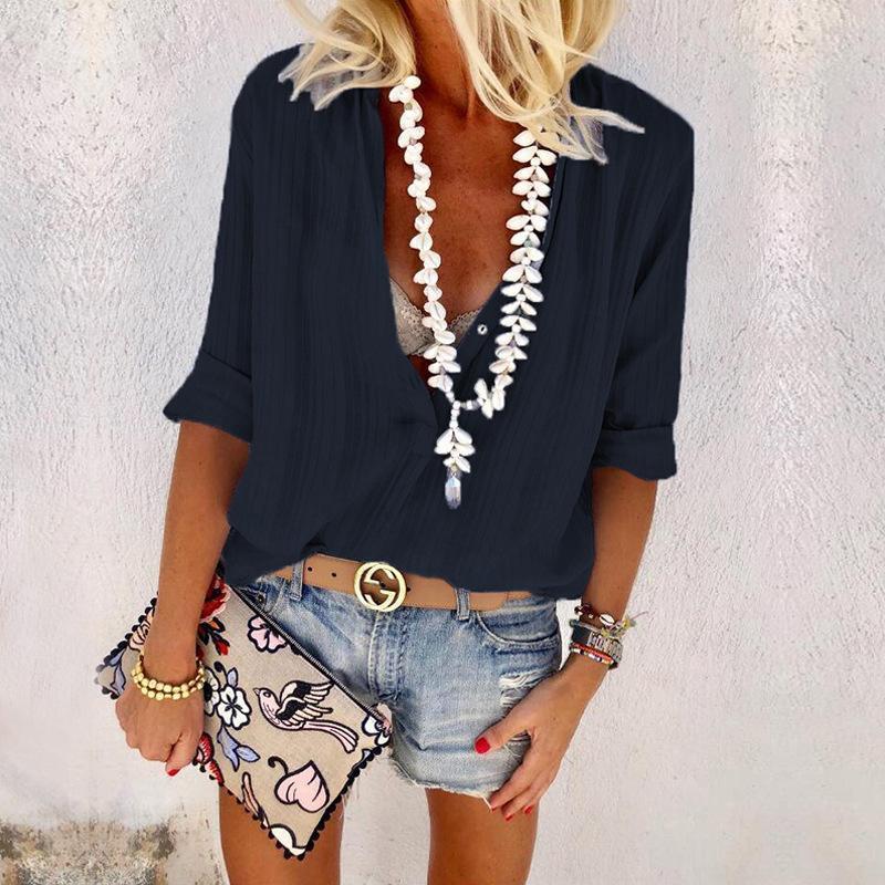 Fashion Button V-Neck Long Sleeve Blouse Shirt