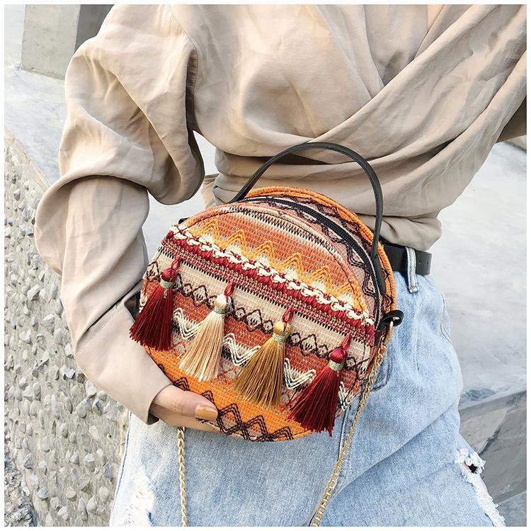 Autumn National Style Contrast Color Tassels One-Shoulder Crossbody Small Round Bag