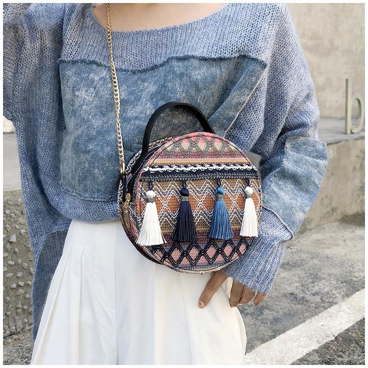 Autumn National Style Contrast Color Tassels One-Shoulder Crossbody Small Round Bag