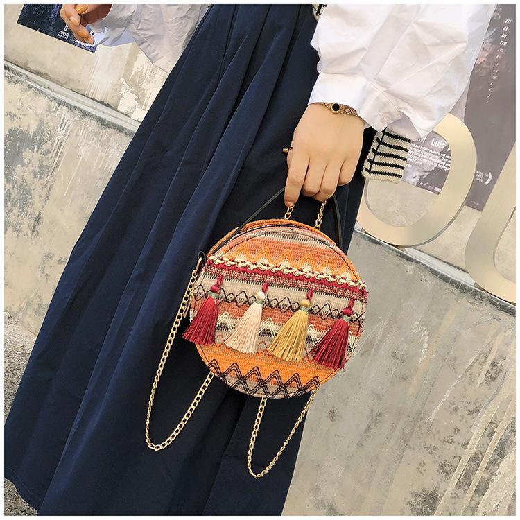 Autumn National Style Contrast Color Tassels One-Shoulder Crossbody Small Round Bag