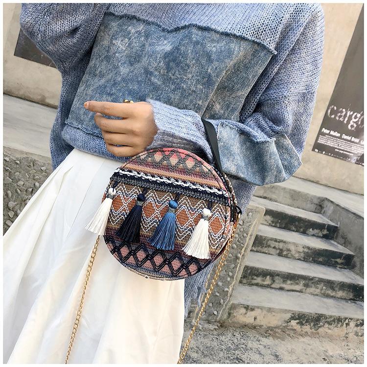 Autumn National Style Contrast Color Tassels One-Shoulder Crossbody Small Round Bag