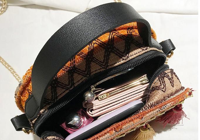 Autumn National Style Contrast Color Tassels One-Shoulder Crossbody Small Round Bag