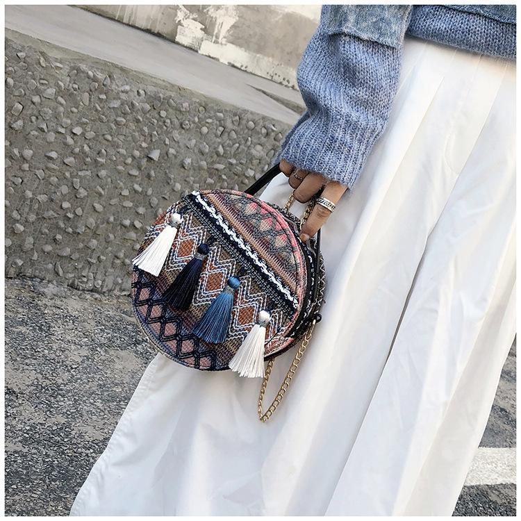 Autumn National Style Contrast Color Tassels One-Shoulder Crossbody Small Round Bag
