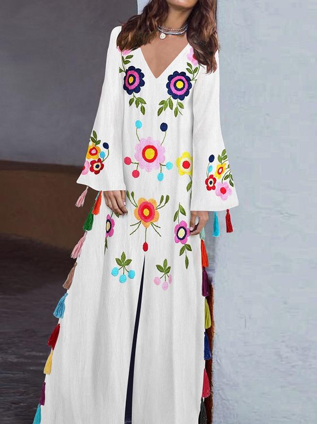 Vintage print v-neck long dress