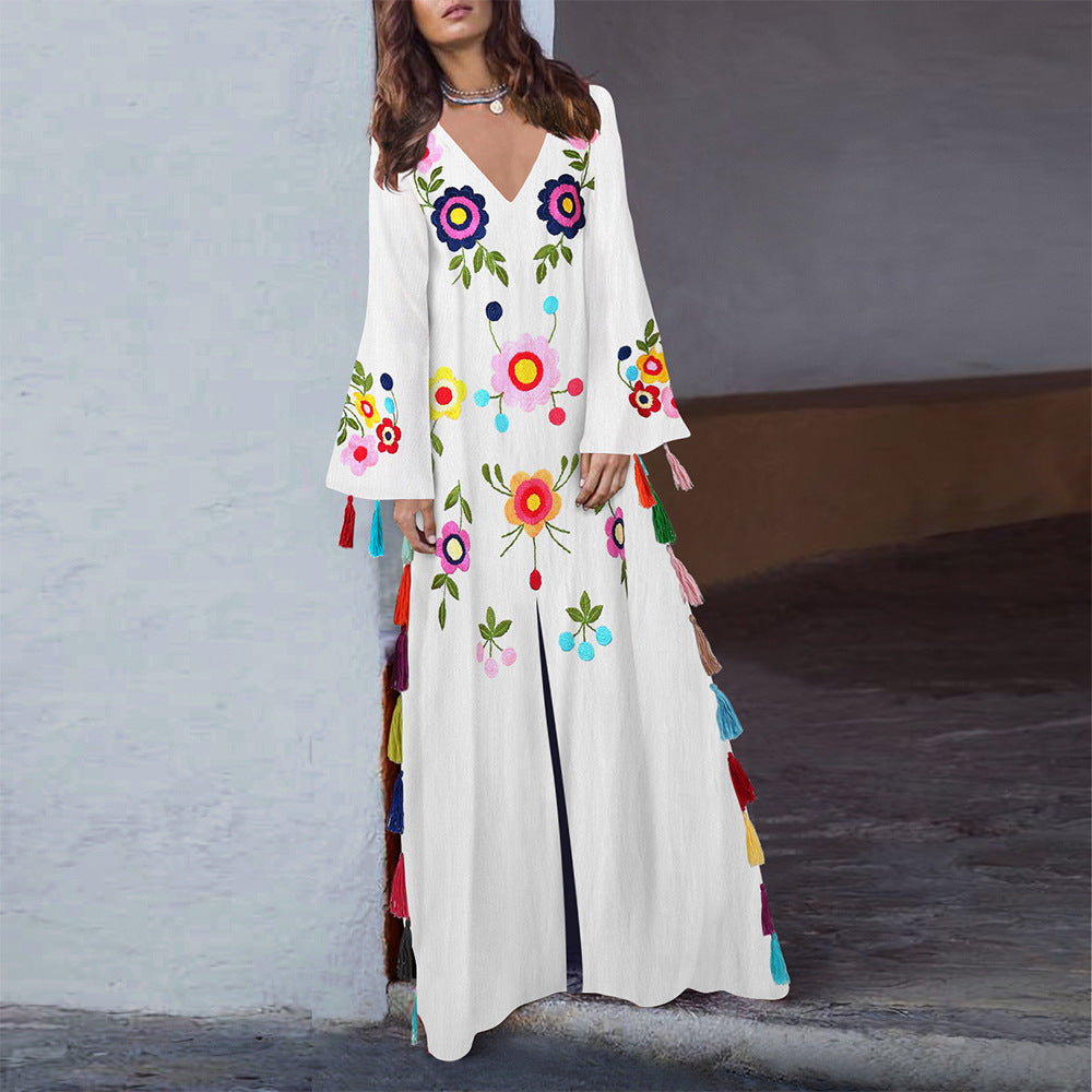 Vintage print v-neck long dress