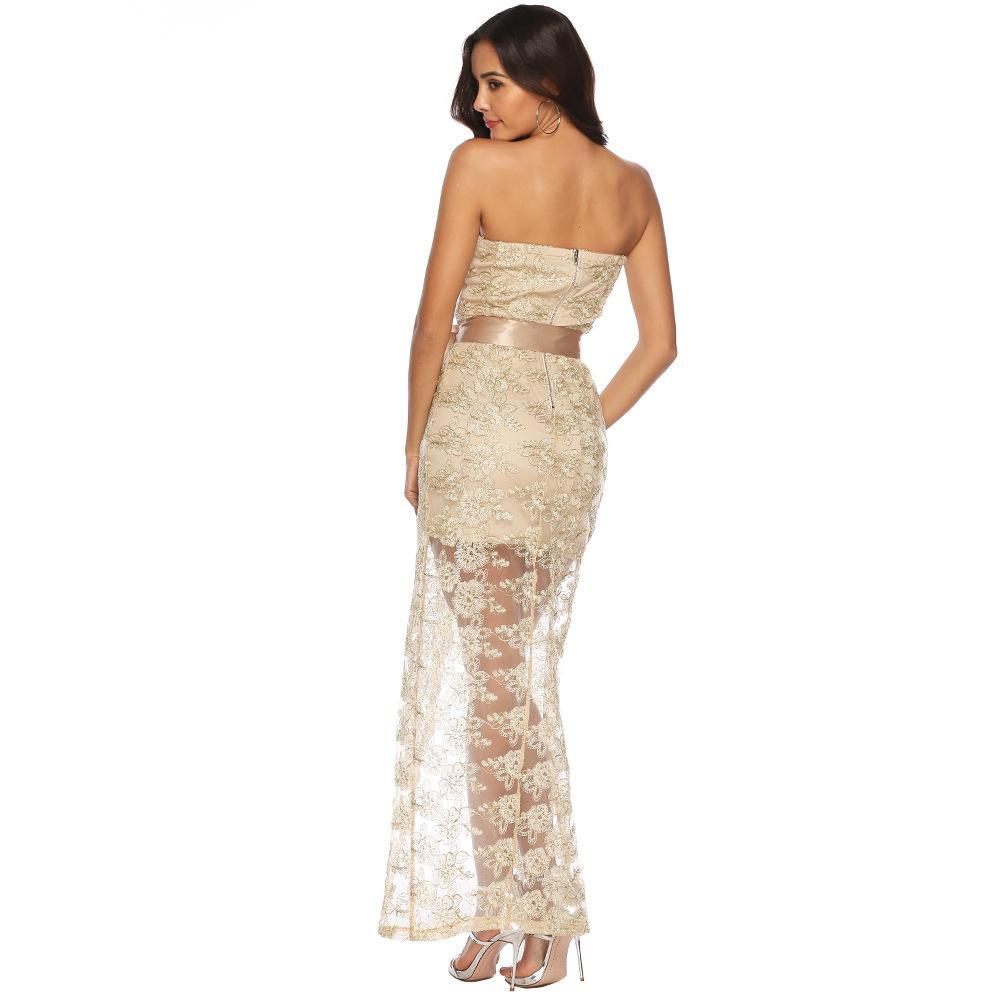Women Off Shoulder Front Split Sexy Embroidery Lace Long Dress