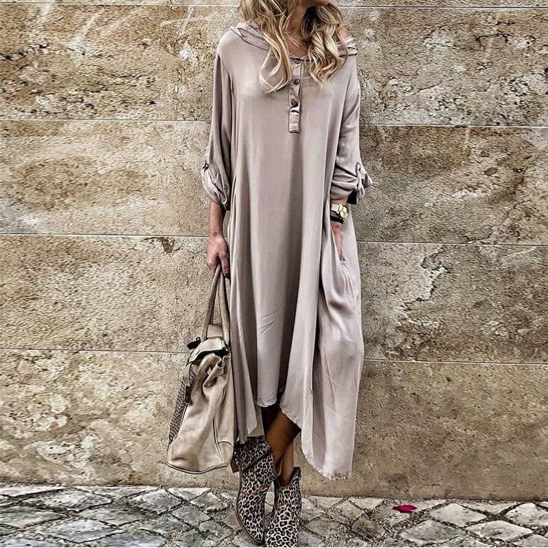 Autumn Women Long Sleeve Casual Buttons Loose Maxi Ladies Fashion Dress