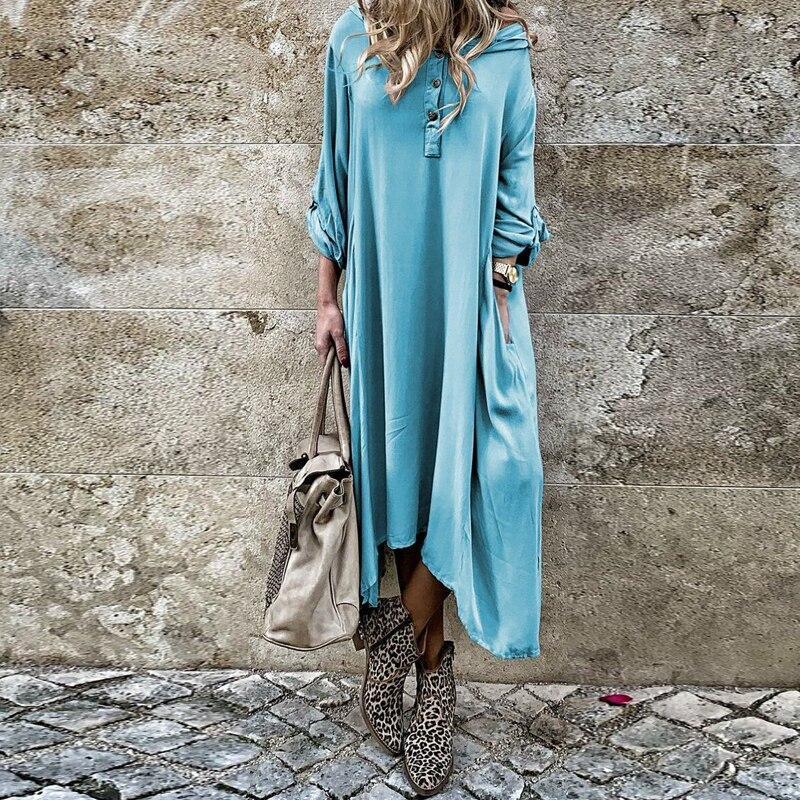 Autumn Women Long Sleeve Casual Buttons Loose Maxi Ladies Fashion Dress