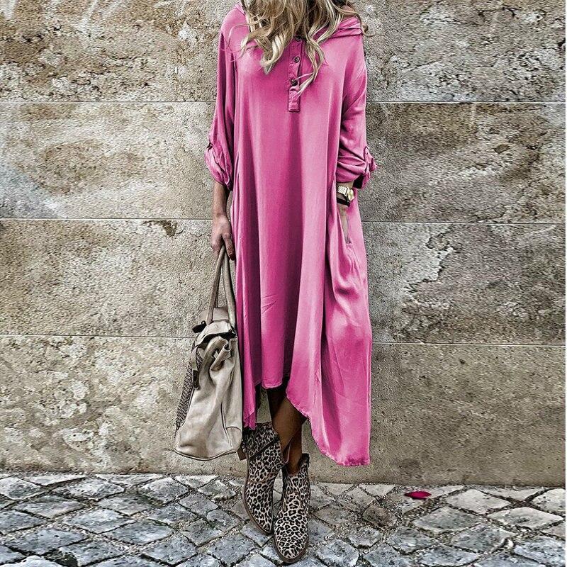 Autumn Women Long Sleeve Casual Buttons Loose Maxi Ladies Fashion Dress