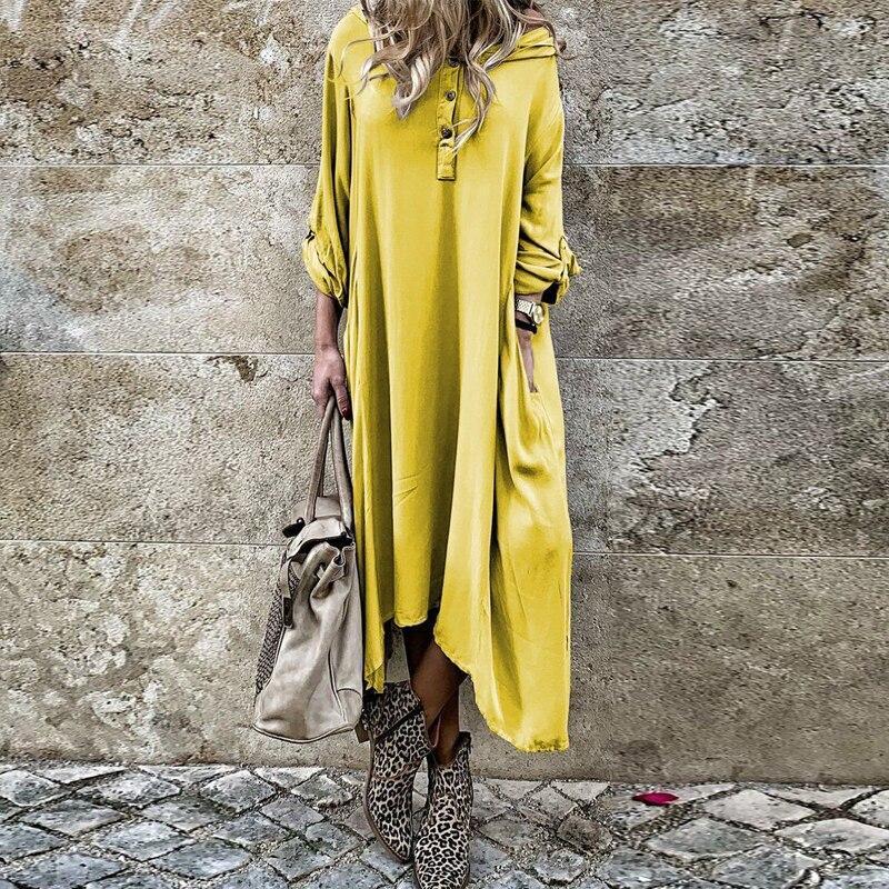 Autumn Women Long Sleeve Casual Buttons Loose Maxi Ladies Fashion Dress