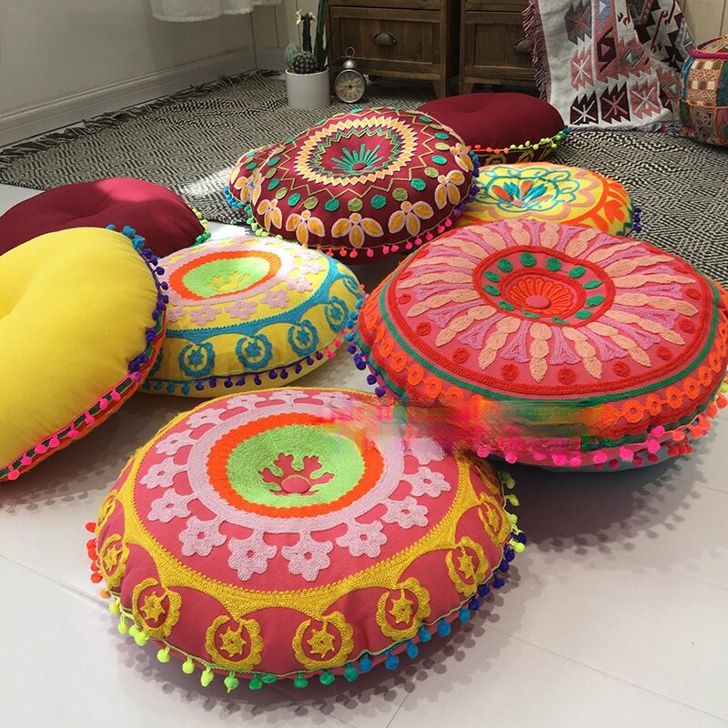 Bohemian Tatami Cushion Cute Pillow Fluffy Pillow Embroidered Futon Chair Cushion Round Tassel with Core Pillow Decorative