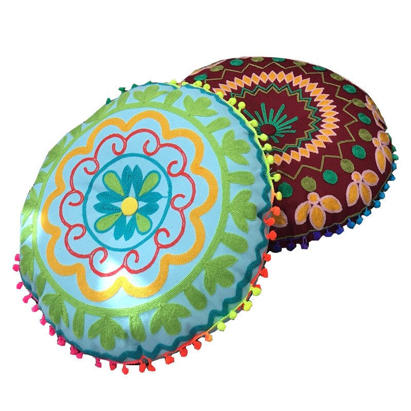 Bohemian Tatami Cushion Cute Pillow Fluffy Pillow Embroidered Futon Chair Cushion Round Tassel with Core Pillow Decorative