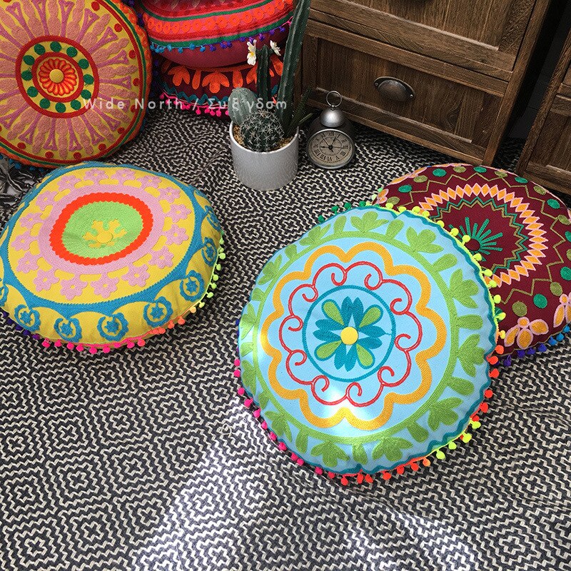 Bohemian Tatami Cushion Cute Pillow Fluffy Pillow Embroidered Futon Chair Cushion Round Tassel with Core Pillow Decorative