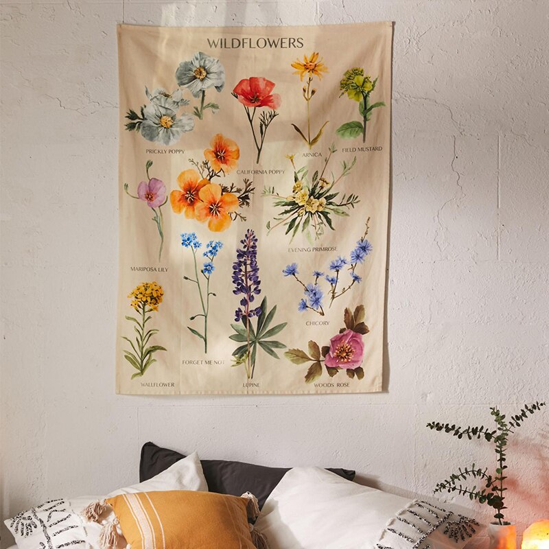 Botanical Wildflower Tapestry Wall Hanging Flower Reference Chart Hippie Bohemian Tapestries Colorful Psychedelic Home Decor