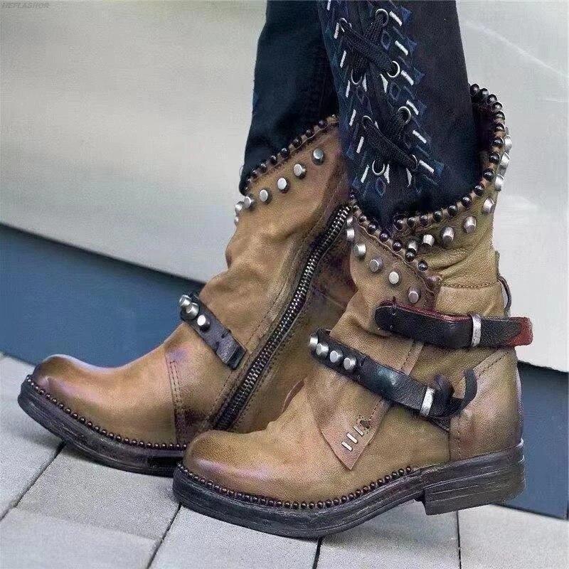 Autumn Winter Woman Mid-Calf PU Leather Round Toe Shoes Low Heel Rivet Cool Motorcycle Boots