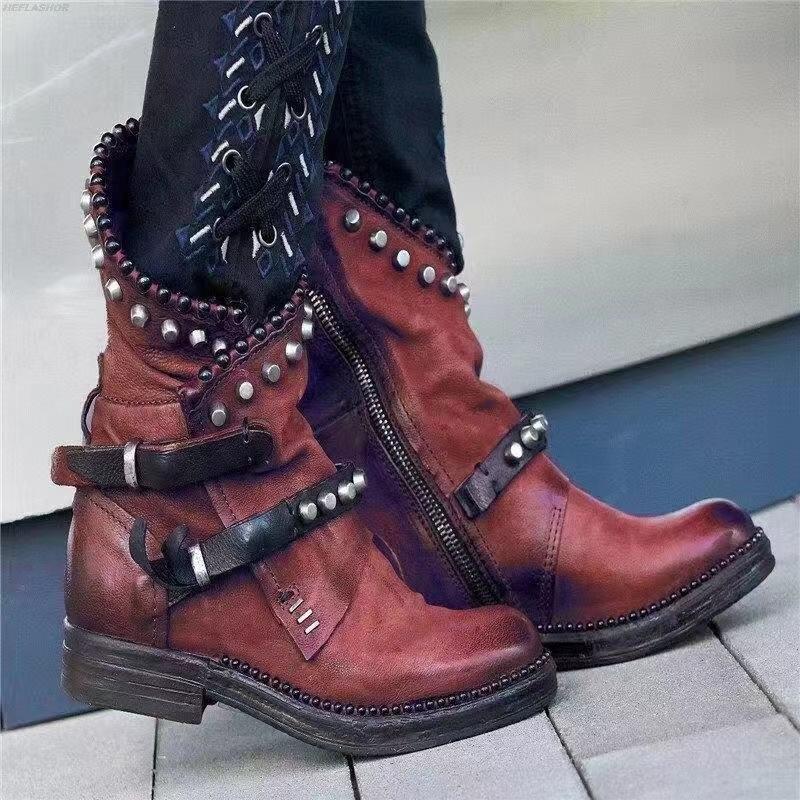 Autumn Winter Woman Mid-Calf PU Leather Round Toe Shoes Low Heel Rivet Cool Motorcycle Boots