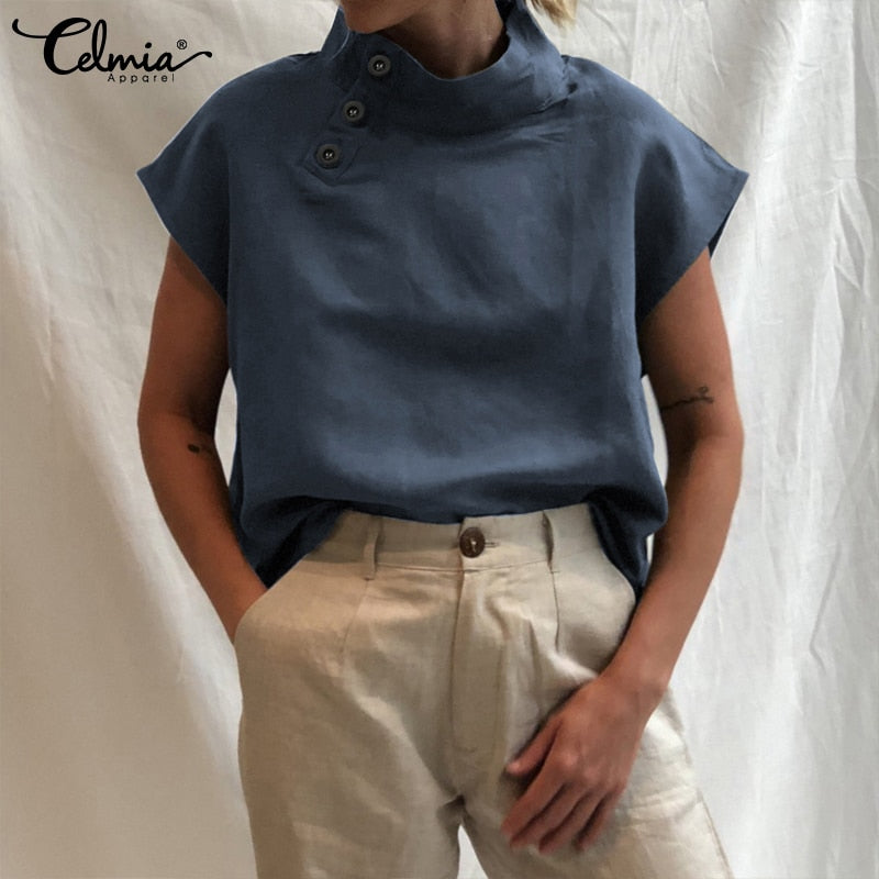Celmia Stylish Tunic Tops Plus Size Women Short Sleeve Summer Blouses Buttons Solid Cotton Linen Tops Casual Loose Blusas Femme